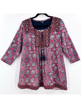 Lucky Brand Red/Blue Boho Print Linen Blend Knit Tunic Top Plus Size 2X